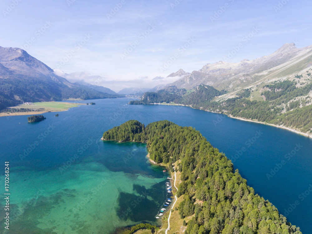 Panoramic view - Engadine, alpine lake in the Swiss Alps