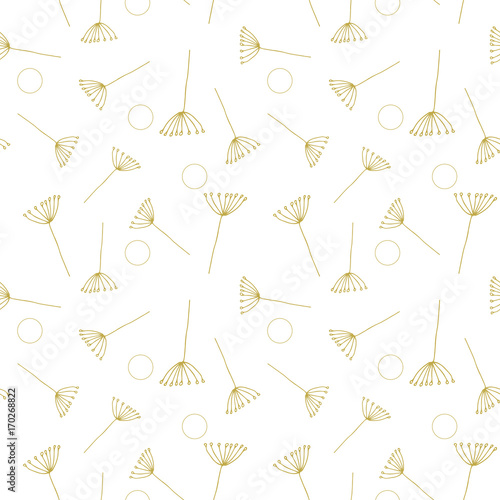 Dandelion or allium or fennel like flowers and seed pattern. Vector floral seamless repeat with simple hand drawn stylized flowers.
