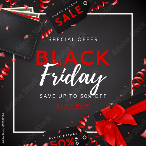 Black friday sale background. Top view on black gift box with satin bow and wallet with money on dark backdrop. Vector illustration with confetti, serpentine and advertising tags for seasonal offer.