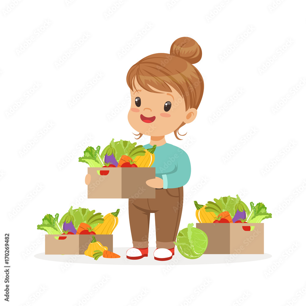 Cute little girl holding basket with vegetables, kids healthy food concept colorful vector Illustration Cute little girl holding basket with vegetables, kids healthy food concept colorful vector Illustration