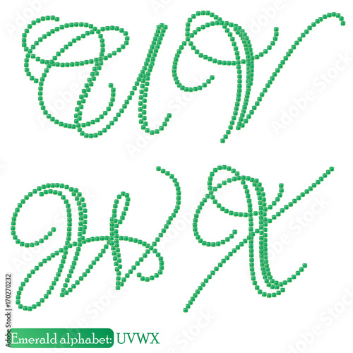 Jewelry alphabet with vintage capital letters from precious stone Emerald in realistic shapes in green color with silver edging. UVWX characters. Vector illustration