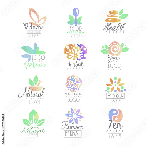 Welness, zen, yoga, herbal center, healthy food logo templates set of hand drawn watercolor vector Illustrations