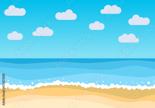 Vector landscape with summer beach. Waves of the sandy beach, blue sky and sea. Landscape vector illustration. 