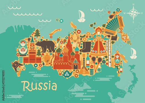 Canvas Print A stylized map of Russia with the symbols of culture and nature