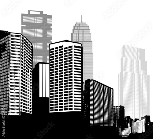 Black and white panorama cities. Vector art