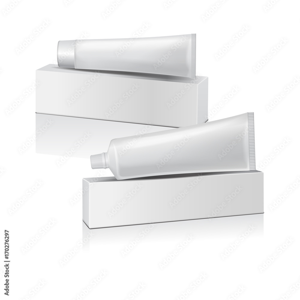 Set of vector plastic tube with white box for medicine or cosmetics - toothpaste, cream, gel, skin care. Packaging mockup template Set of vector plastic tube with white box for medicine or cosmetics - toothpaste, cream, gel, skin care. Packaging mockup template