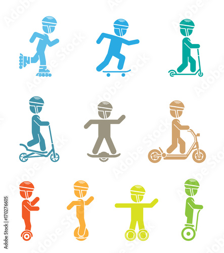 Set of pictograms representing children riding all sorts of modern vehicles. Various types of classic and electric roller skates, scooters and hover board.