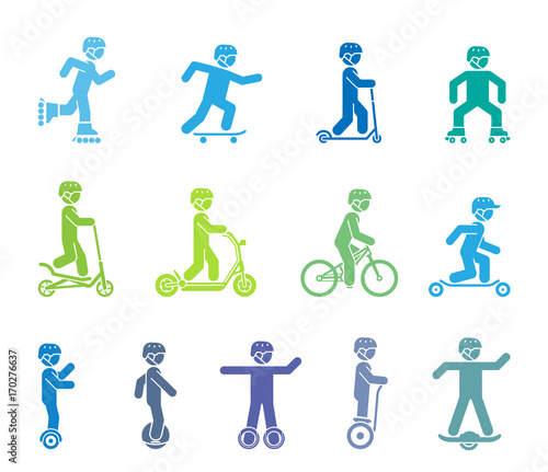 Modern city transportation. Set of pictograms representing people riding various types of bicycles, rollers, skates and modern electrical vehicles.