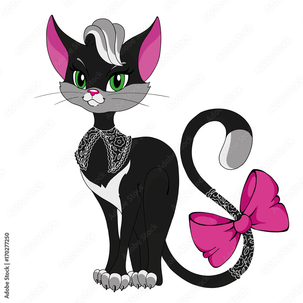Black cat lady. Cartoon character kitty. Cat with a pink bow. Cute cat ...
