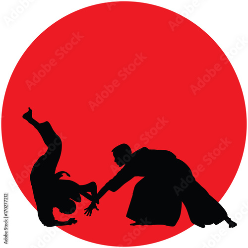 Silhouette of Aikido masters, leading the fight