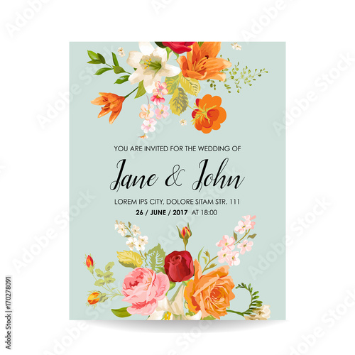 Save the Date Wedding Invitation Card with Watercolor Lily Flowers. Baby Shower Decoration in vector