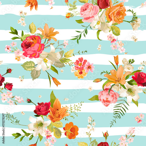 Lily and Orchid Flowers Seamless Background. Floral Pattern in Vector