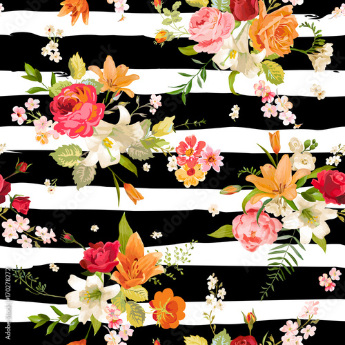 Lily and Orchid Flowers Seamless Background. Floral Pattern in Vector