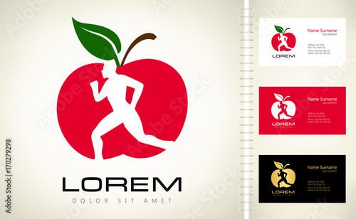 Man and apple logo. Diet and weight loss concept. Green apple.