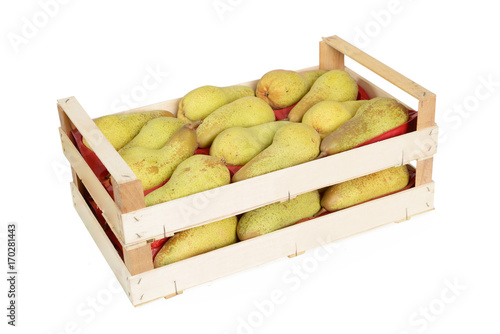 Pears in wooden box on white background