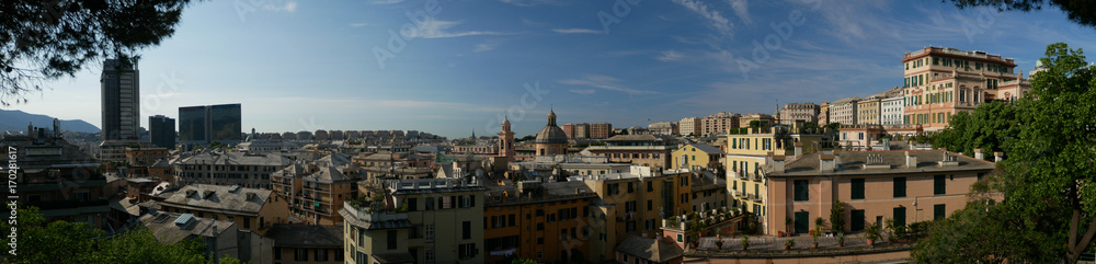 Panoramic view, seen from the Acquasola park, of downtown Genoa, Italy.