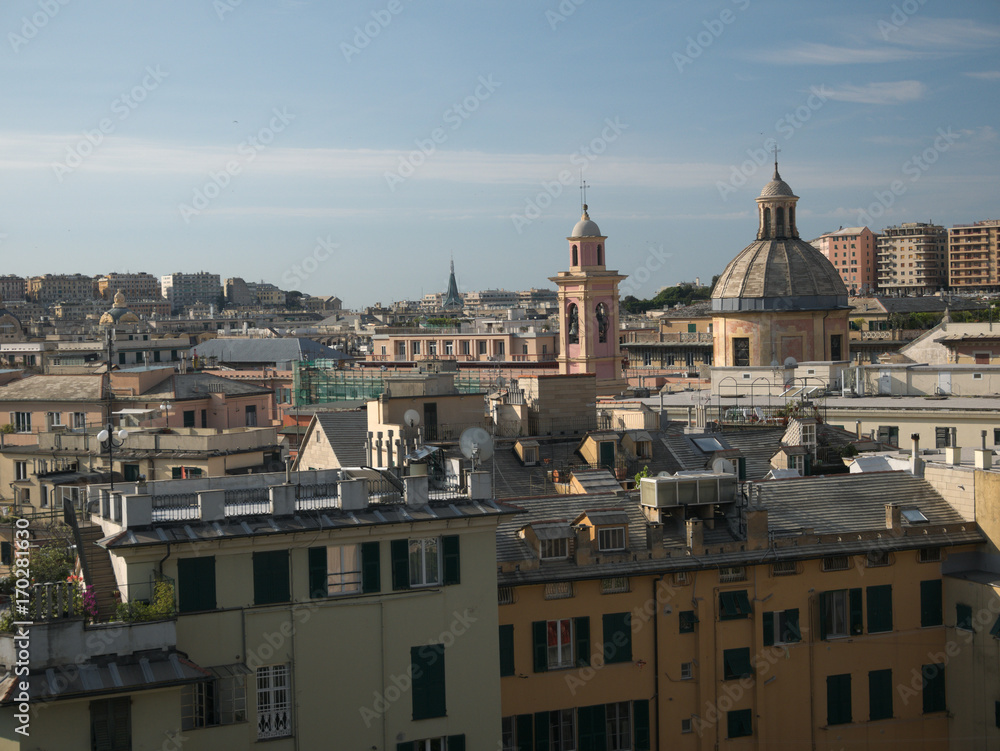 Buildings, seen from the Acquasola park, in downtown Genoa, Italy.