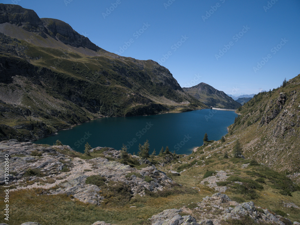 Lake Colombo basin and dam on the Bergamo Alps, northern Italy.