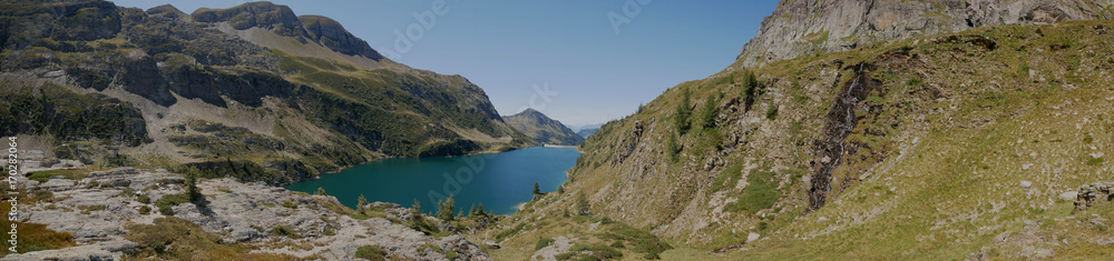 Panoramic view of lake Colombo basin and dam on the Bergamo Alps, northern Italy.