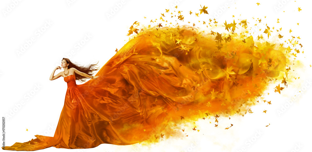 Φωτογραφία Autumn Woman Art, Fashion Model in Fall Leaves Dress, Long Artistic Fabric Flowi