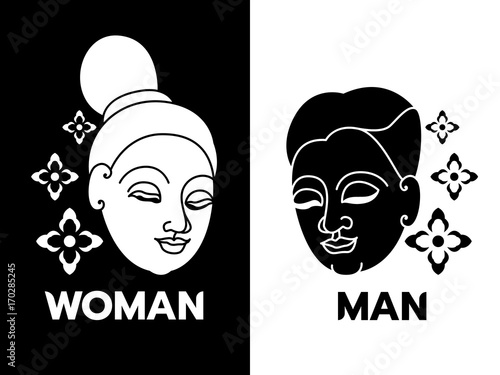 Male & Female Toilet Sign with Head Woman,Man thai  face and flower vector art design