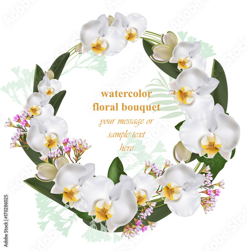 Orchid flowers round wreath card. Decor frame Vector illustration
