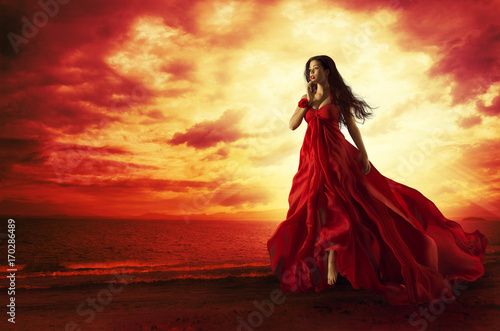Woman Flying Red Dress, Fashion Model in Evening Gown Levitating Outdoors, Sunset
