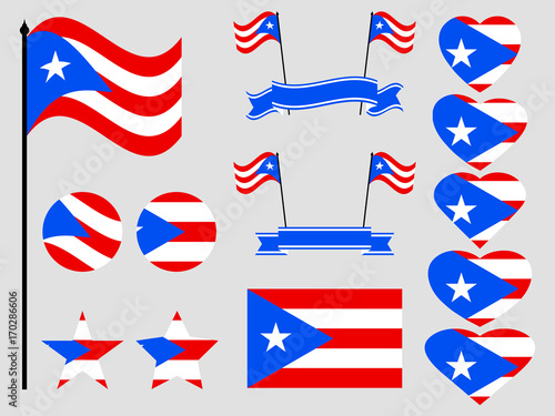 Puerto Rico flag set symbols, flag in heart. Vector illustration