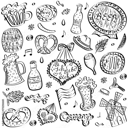 Hand Drawn Oktoberfest Symbols. Funny Drawings of Beer Cups, Hearts, Pretzel, Sausage, Barrel isolated on White.