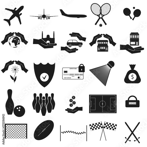 Airplane, sport, protection set Vector black icon on white
