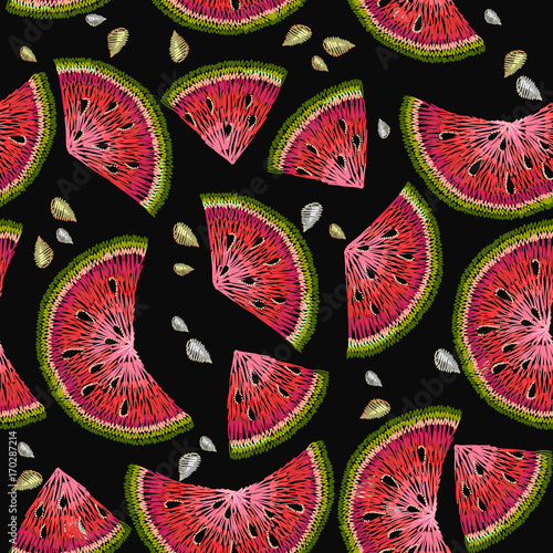 Embroidery water melons seamless pattern. Hand drawing fruits watermelons embroidery seamless background. Fashion clothes template, t-shirt design