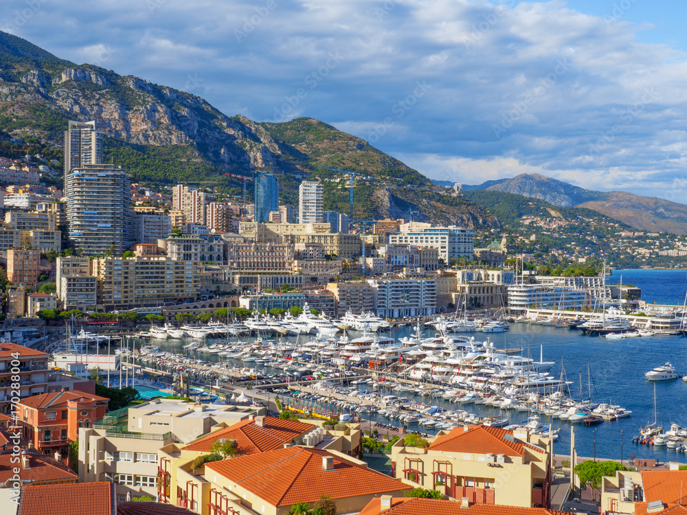 A view of Port Hercule and its surrounding skyline in Monaco.