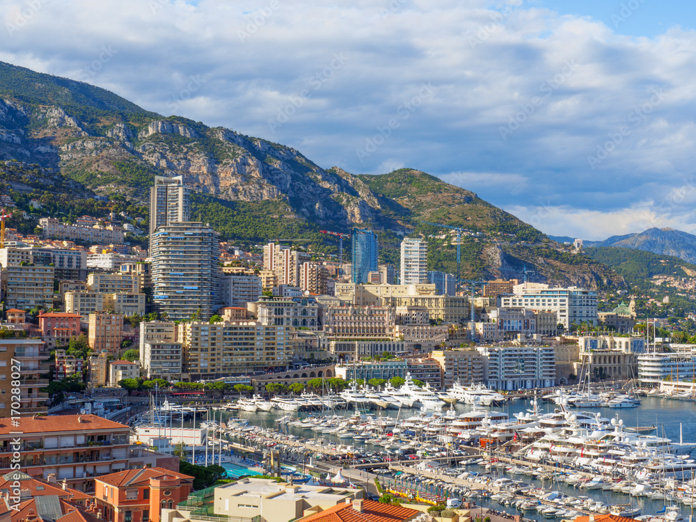 A view of Port Hercule and its surrounding skyline in Monaco.