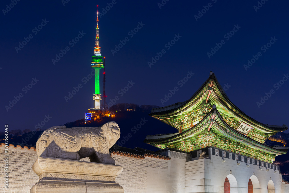 Landmark of Korea with covered Gyeongbokgung n Seoul Tower , South korea.