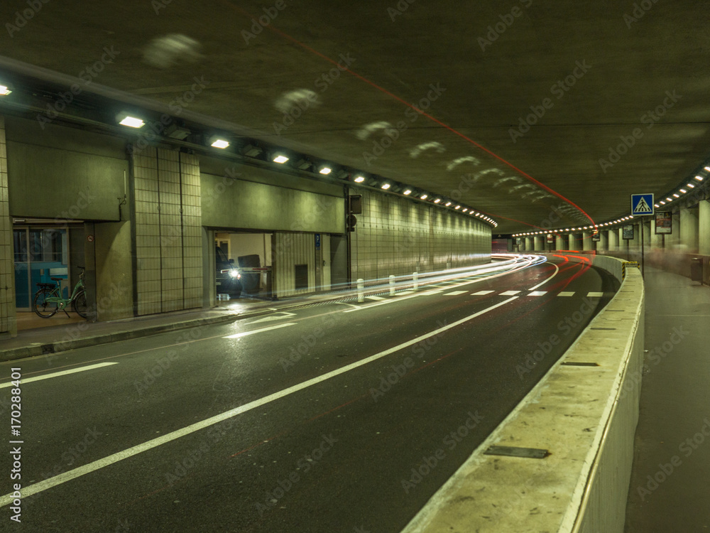 A long exposure photo of the Larvotto tunnel in Monaco.