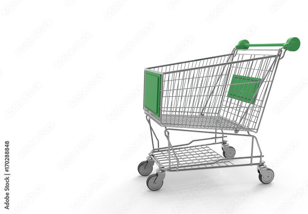 3d rendering. empty green label metal cart on white background. Eco shopping cart concept