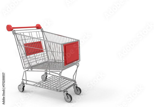 3d rendering. empty red label metal shopping cart on white background © PATARA