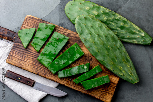 Leave of cactus nopales. Mexican food and drink ingredient. top view