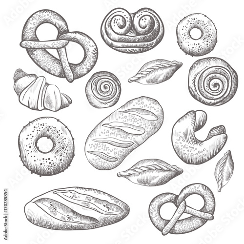 Hand drawn collection of baked goods isolated illustration