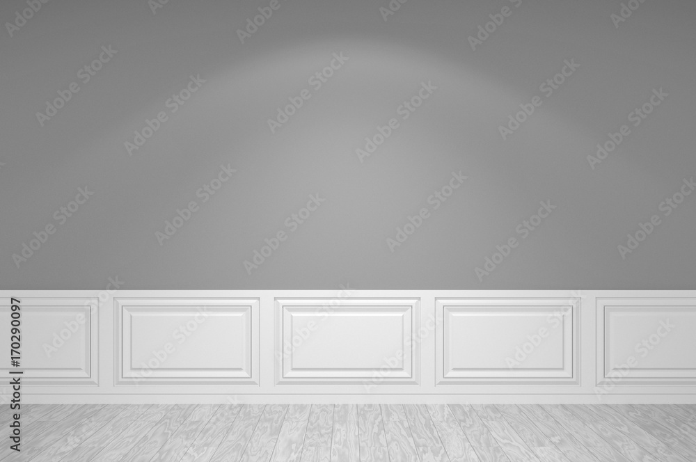 Empty grey wall with classic style border with white wood floor and spot light on wall. Space