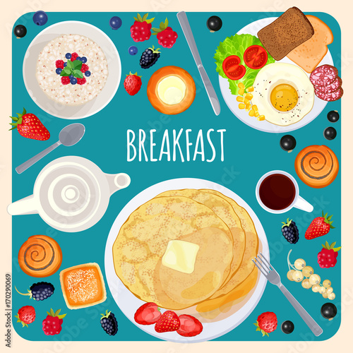 Breakfast food and drink top view isolated illustration