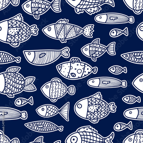 Seamless pattern with cute ornamental fish. Sea background.