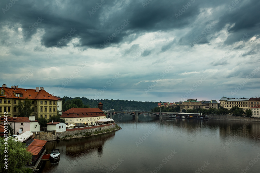 Franz Kafka museum and Vltava river in Prague, Czech Republic