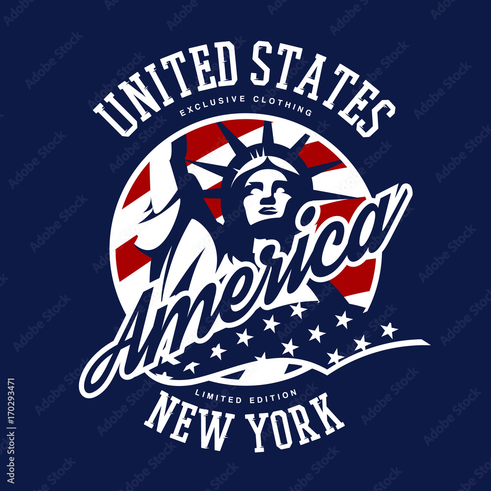Liberty Statue vector logo concept isolated on blue background. USA street wear superior sport vintage badge design. 
Premium quality United States of America emblem t-shirt tee print illustration.