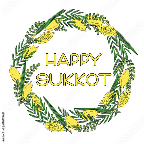 Happy Sukkot (Jewish Holiday) greeting card. Frame with holiday symbols Etrog, lulav hadas and arava. Vector illustration. Isolated on white background.