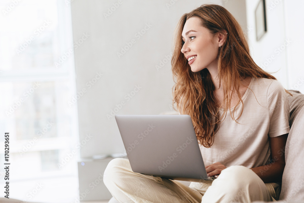 Happy amazing pretty lady using laptop computer. Happy amazing pretty lady using laptop computer.
