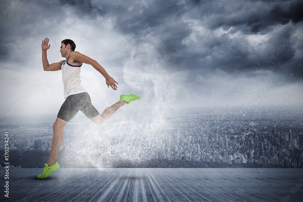 Composite image of male athlete running on white background Composite image of male athlete running on white background