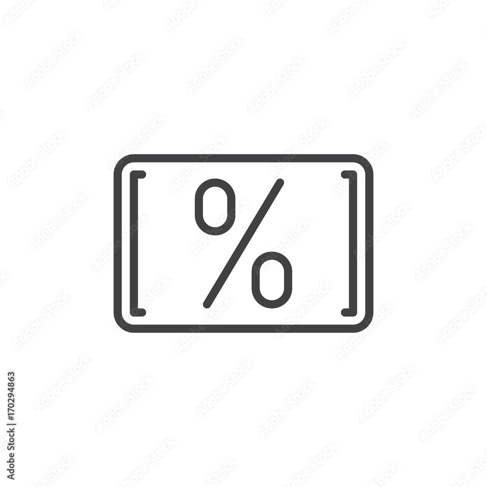 Card with percent line icon, outline vector sign, linear style pictogram isolated on white. Discount card symbol, logo illustration. Editable stroke. Pixel perfect vector graphics Card with percent line icon, outline vector sign, linear style pictogram isolated on white. Discount card symbol, logo illustration. Editable stroke. Pixel perfect vector graphics