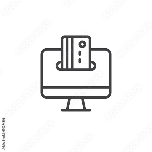 Computer screen and credit card line icon, outline vector sign, linear style pictogram isolated on white. Online payment symbol, logo illustration. Editable stroke. Pixel perfect vector graphics