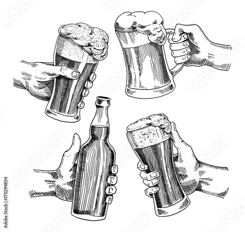 Beer glass, mug or bottle of oktoberfest. engraved in ink hand drawn in old sketch and vintage style for web, invitation to party or pub menu. design element isolated on white background.
